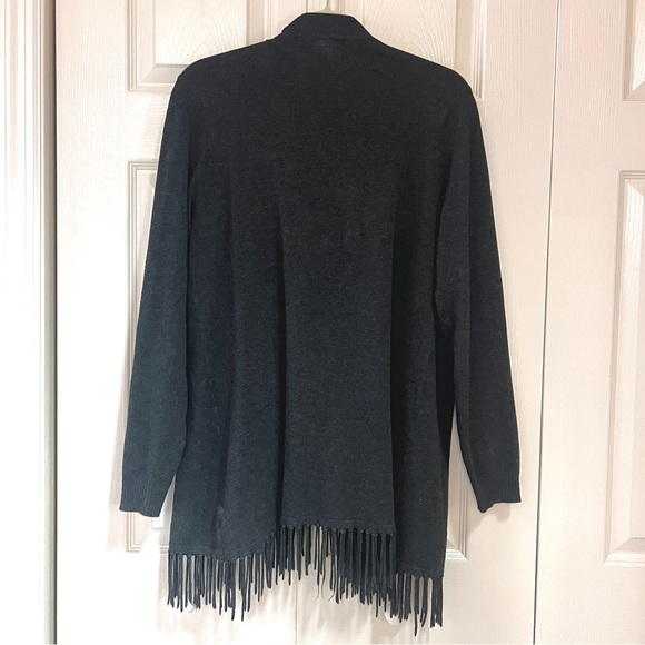Central Park West Charcoal Gray Open-Front Fringe Cardigan Sweater - Picture 3 of 13